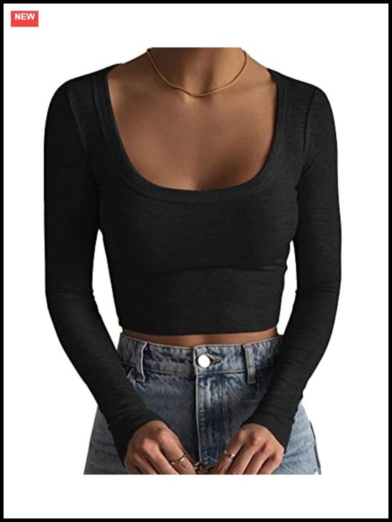 Tops - Artfish Women's Square Neck Long Sleeve Ribbed Slim Fitted Crop Top